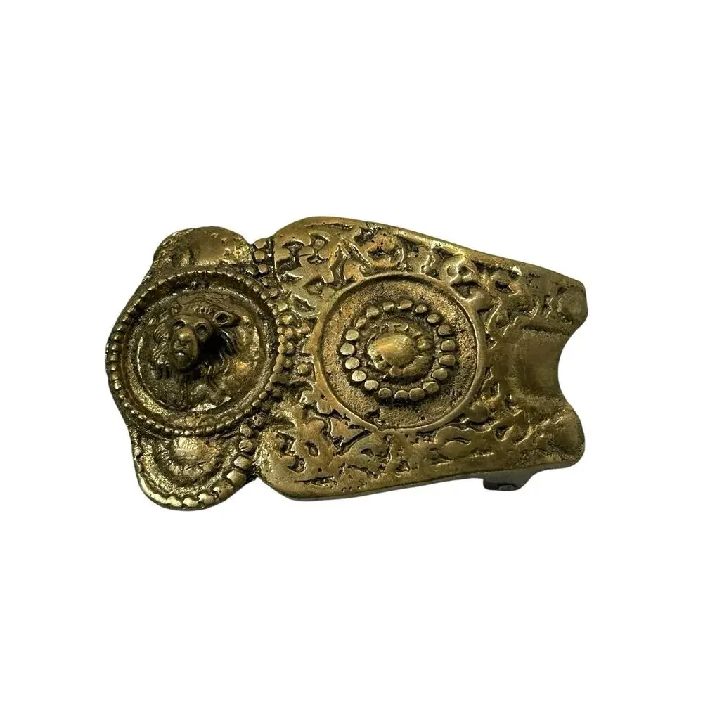 Vintage Lion Head Belt Buckle Brass Very Old Heavy Duty